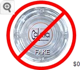 Fake - Produced by an unscrupulous eBay seller (c. 2008). Under magnification the logo is revealed to be a cross-hatch pattern as generated by a modern silkscreen process. - Red and brown on white imprint Glass Ashtray