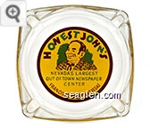 Honest John's, Nevada's Largest Out of Town Newspaper Center, Francisco Square, Las Vegas - Green and brown on yellow imprint Glass Ashtray