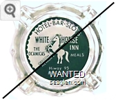 Hotel - Bar - Slots, White Horse Inn, The Ocamicas, Meals, Oregon 1, Nevada 2, Hiway 95, McDermitt - White and green imprint Glass Ashtray
